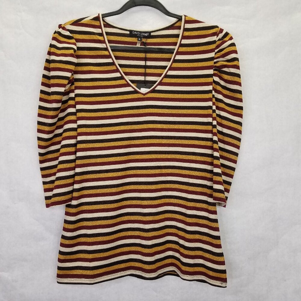 David Lerner Shimmer Stripe Top Women XL Knit Puff 3/4 Sleeve Metallic Party NEW